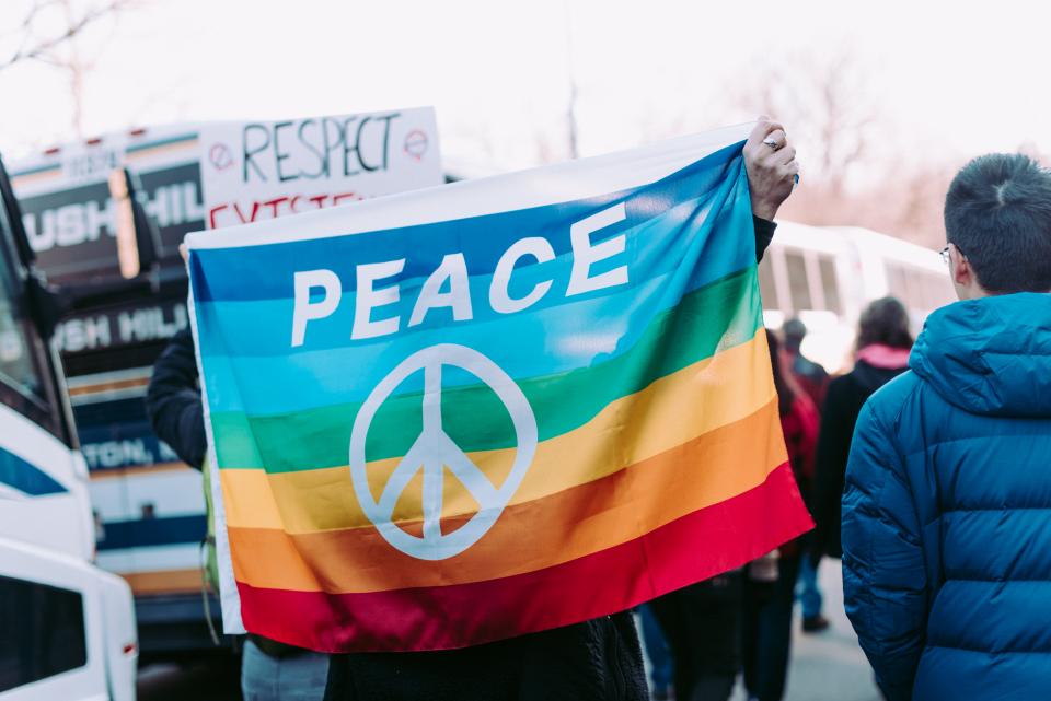 Protesters hold peace flag
